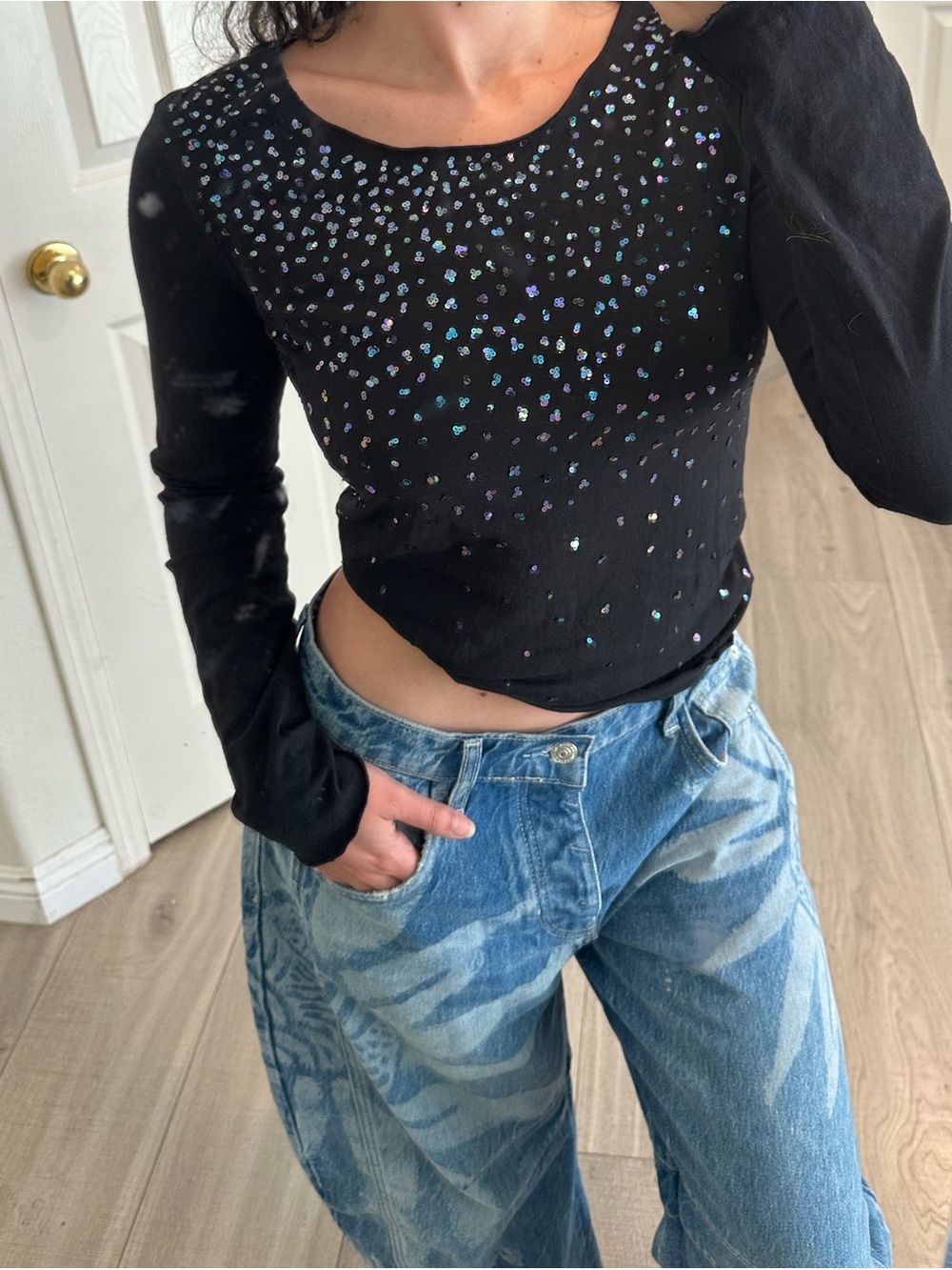 Black Long Sleeve Top with Iridescent Sequins